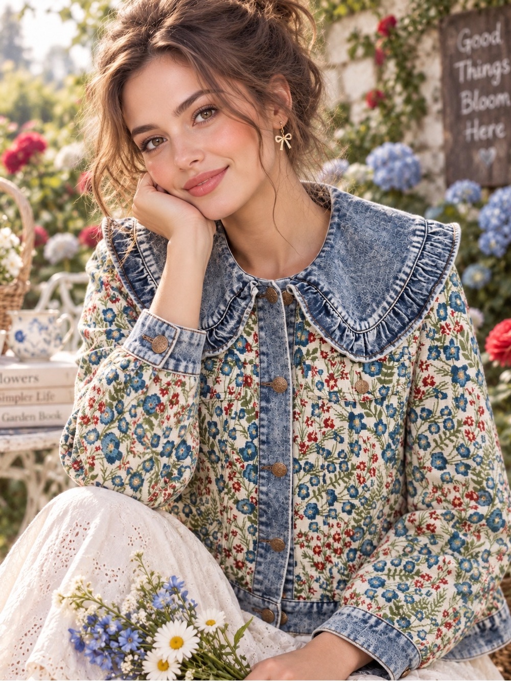 Floral Tapestry Denim Collar Jacket - NO LABEL